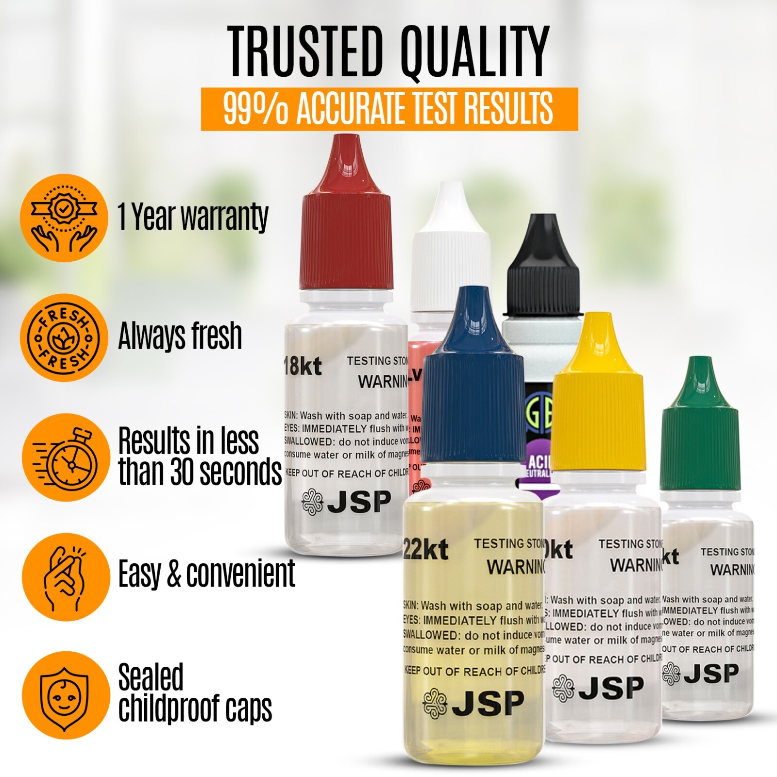 JSP Gold Jewelry Testing 10K 14K 18K Test Acid Solutions GTE Neutralizer & Stone