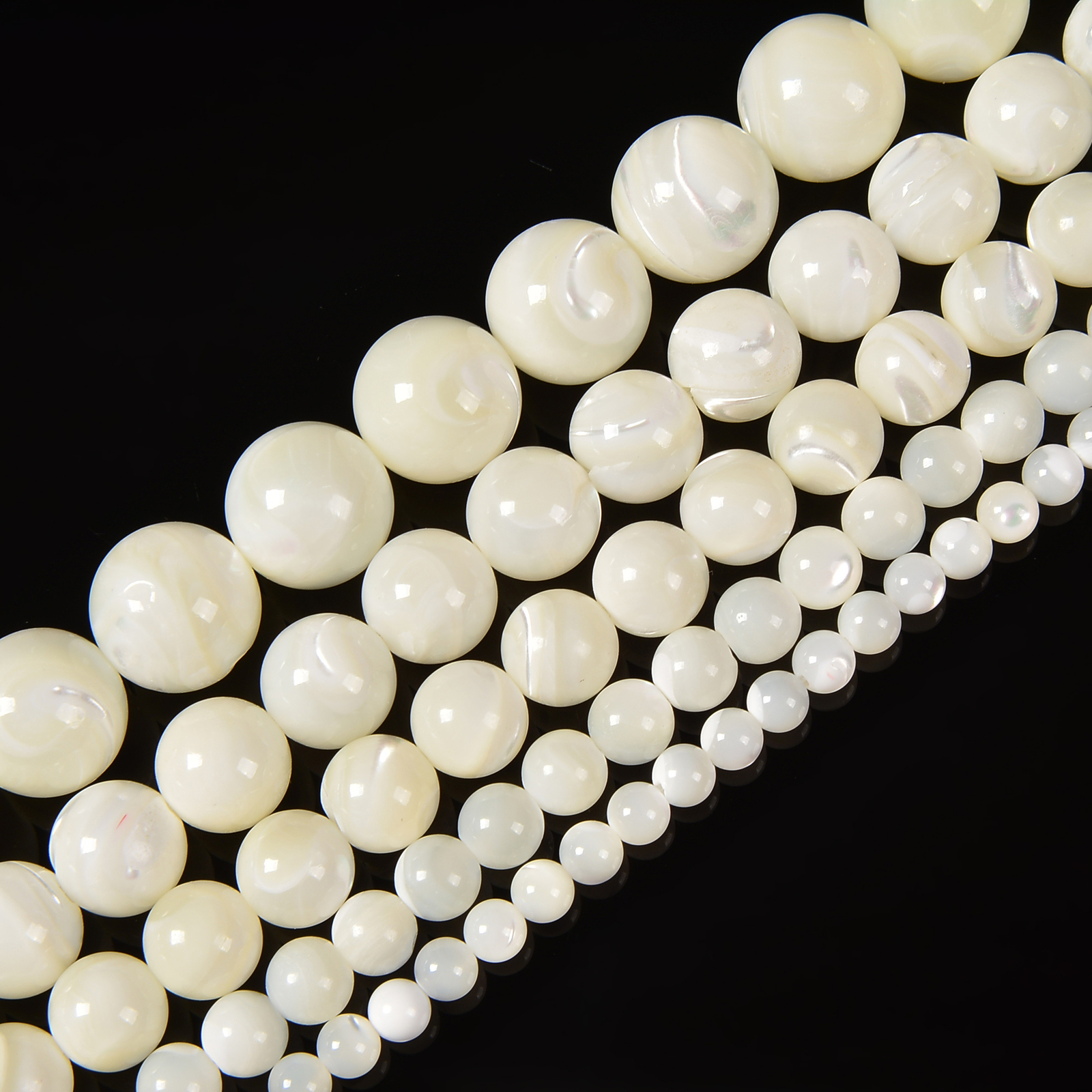 Iridescent White Mother of Pearl MOP Shell Smooth Round 3mm to 12mm 15.5” Strd