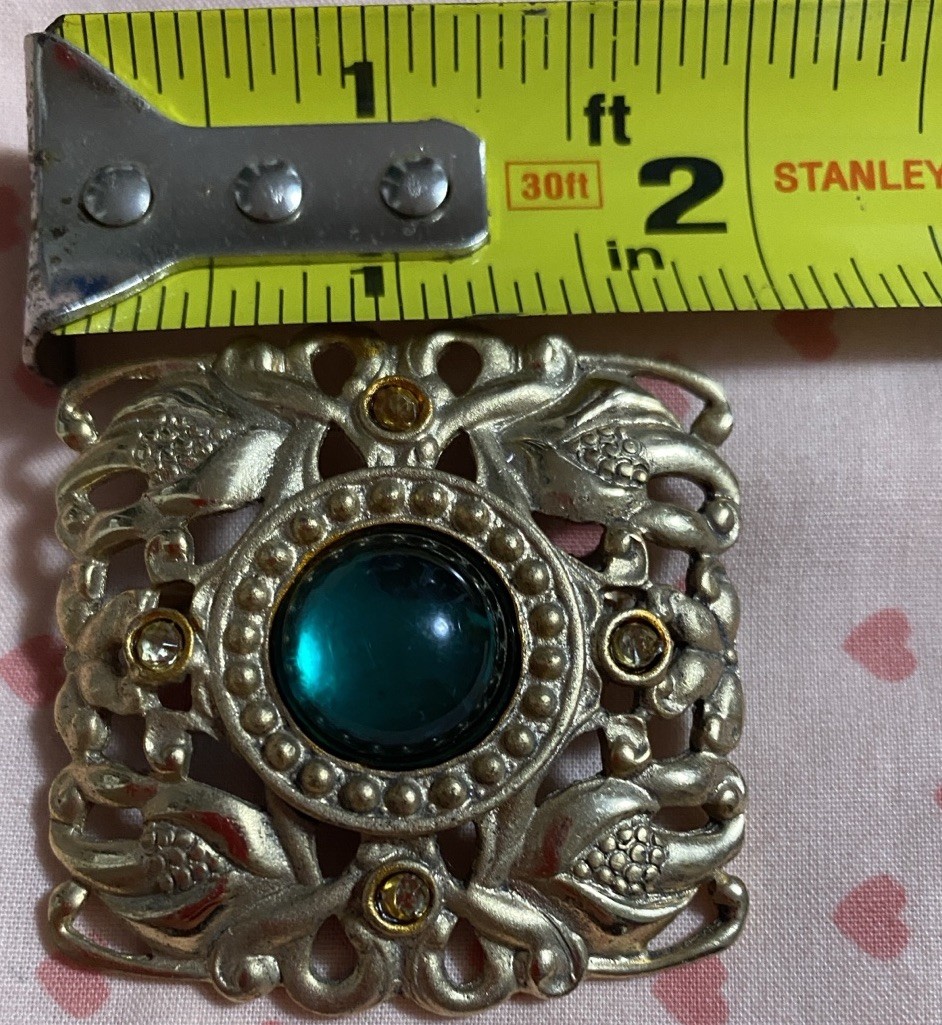 Vintage Art Deco Era Brooch Teal Foil Backed Glass Cabochon Champagne Tone