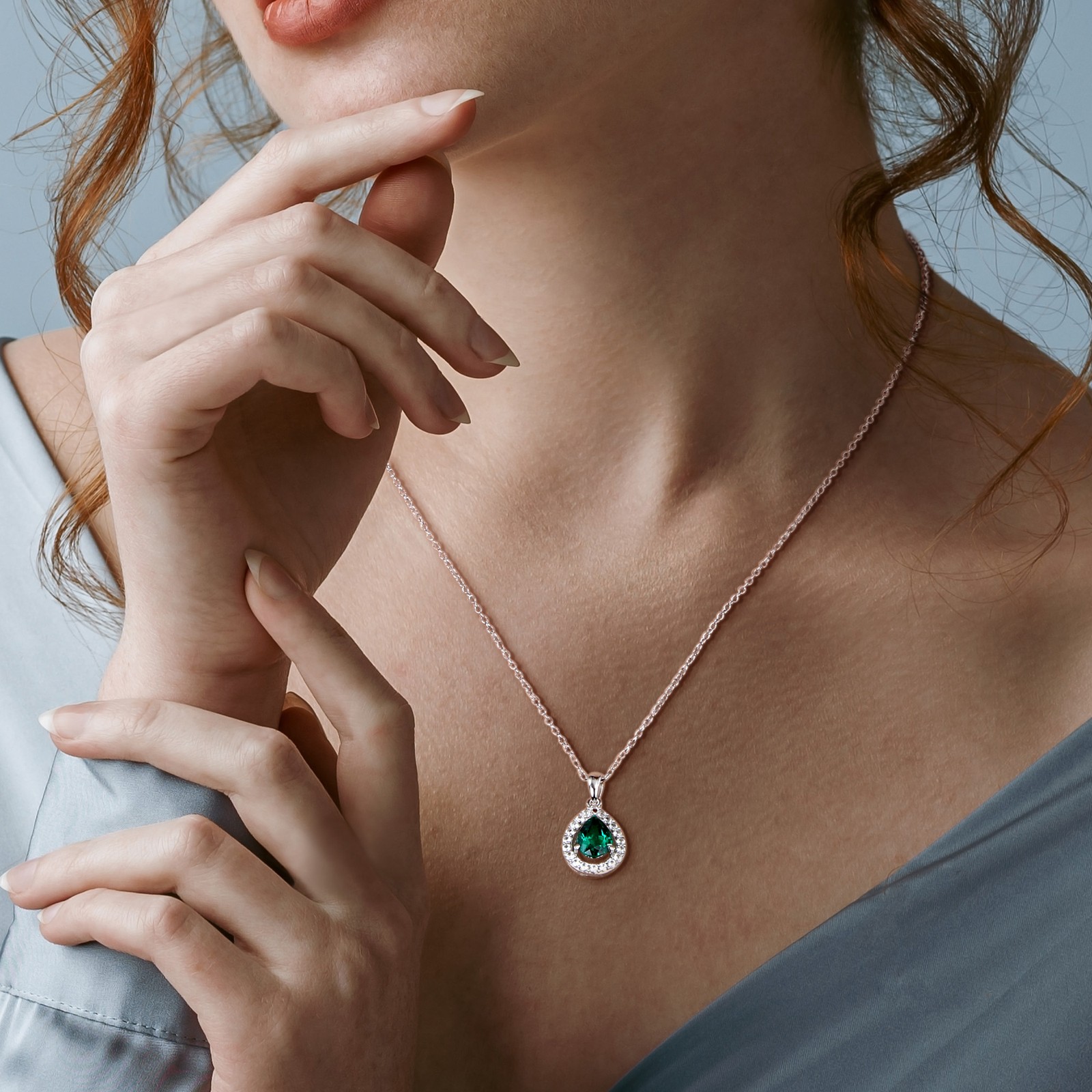 Amour Silver Created Emerald & Created White Sapphire Teardrop Halo Pendant