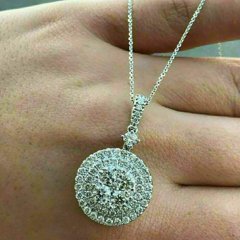 2.00Ct Round Cut VVS1/D Diamond Cluster Pendant 14K White Gold Finish Free Chain