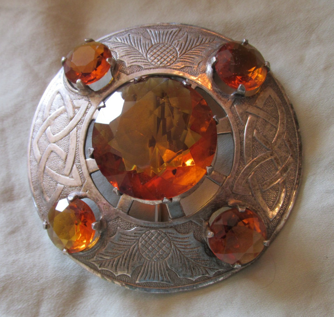 Vintage Oversized Cairngorm 5 Stone Scottish Thistle Brooch Great Britain Silver