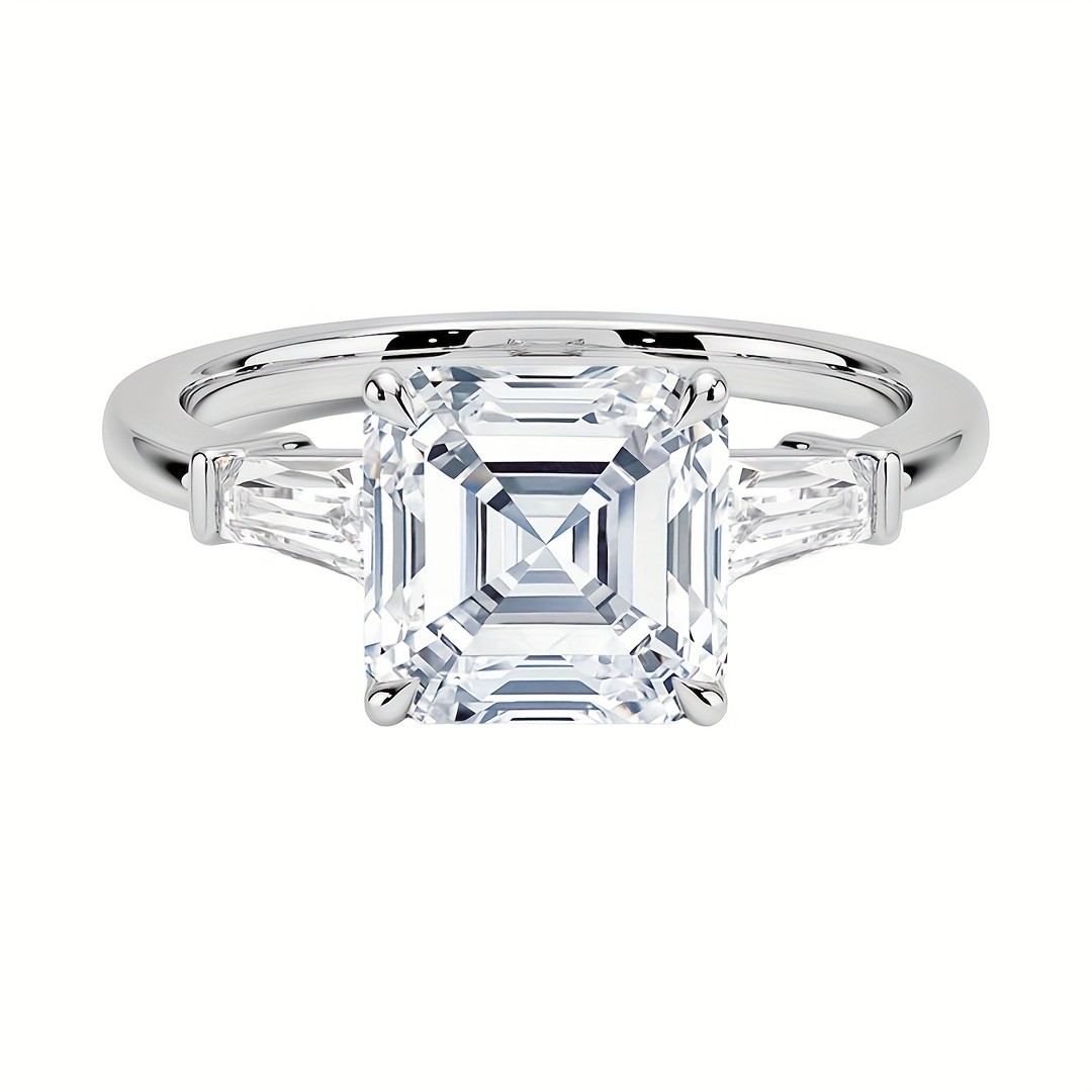 Asscher Cut White Silvery 1CT Moissanite Engagement Ring With Tapered Baguette