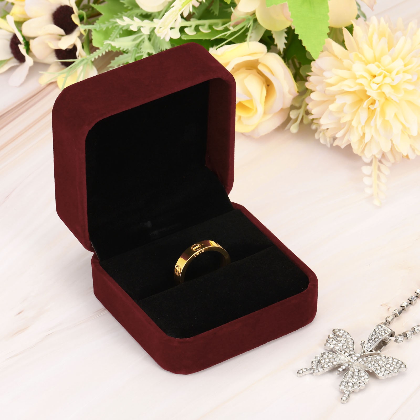 2pcs Velvet Ring Box Double Slot Wedding Ring Jewelry Holder Style 1 Purple