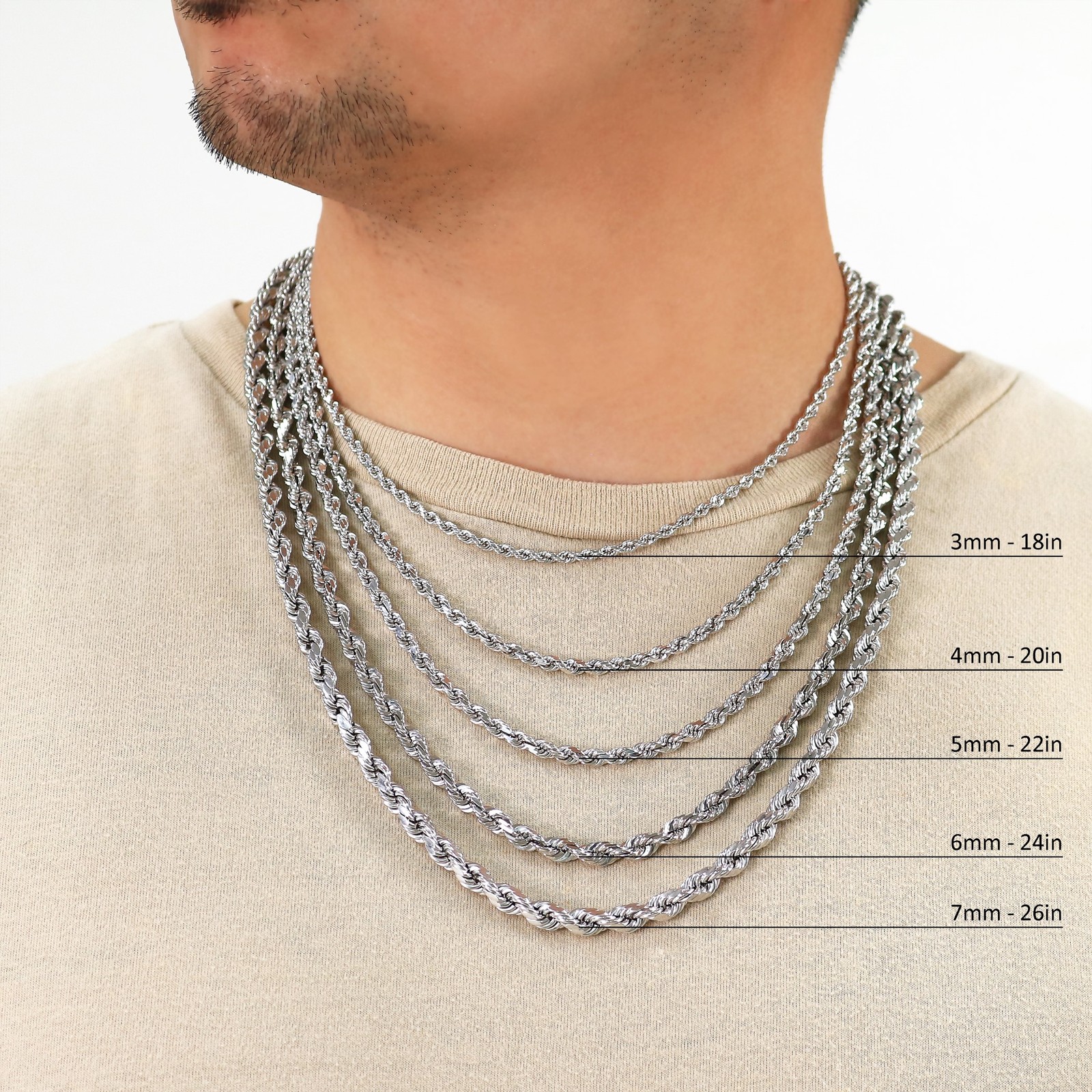 10K White Gold 1.5mm-7mm Diamond Cut Rope Chain Necklace Mens Womens 16″-30″