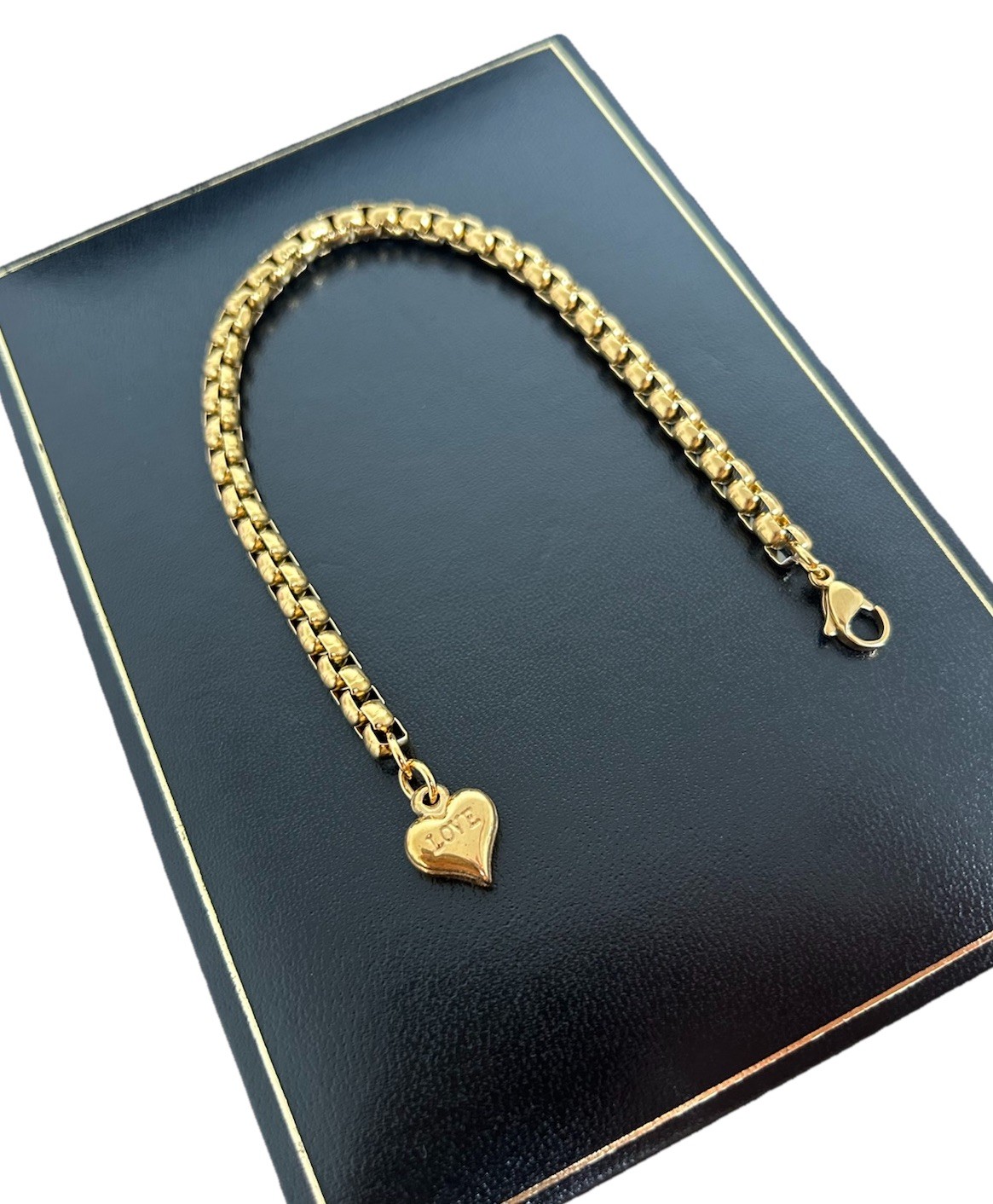 9ct Gold Filled Solid 20cm Love Heart Charm Rolo Belcher Bracelet Women’s Girls