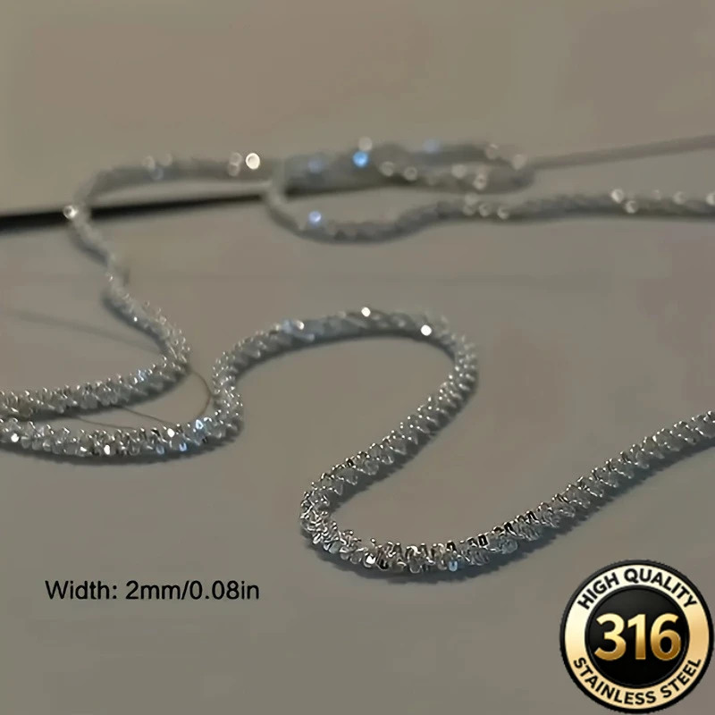316L Stainless Steel Silver Tone Sparkling Twisted Chain Necklace, Tarnish Resis
