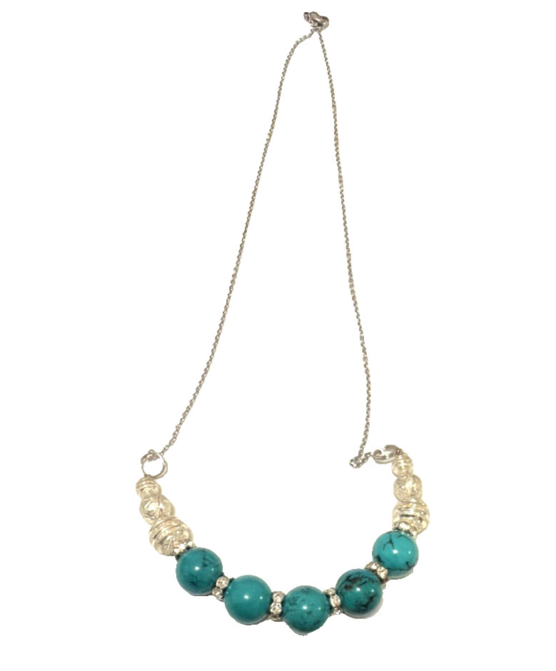 Green and Black Bead Rhinestone Chain Necklace Silver Tone Metal Clear Crystals