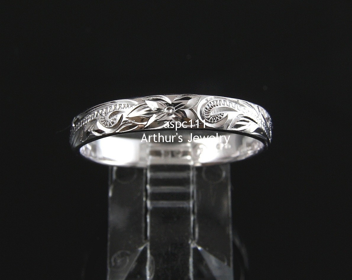 4MM STERLING SILVER 925 HAWAIIAN PLUMERIA SCROLL BAND RING SIZE 1 – 12