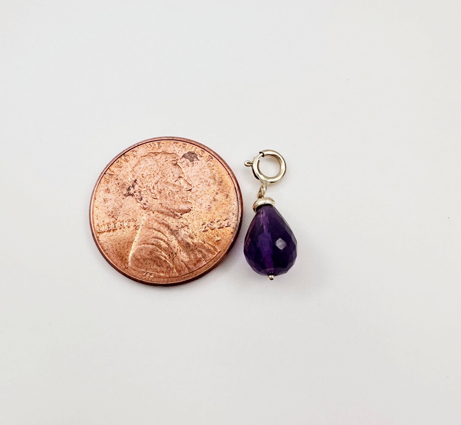 14K Solid Yellow Gold Small Amethyst Briolette Charm Pendant w/Spring Clasp