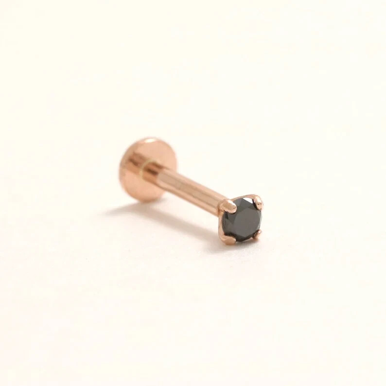 Real 0.03 Ct Round Black Diamond Nose Stud Screw Ring Piercing Pin 14K Rose Gold
