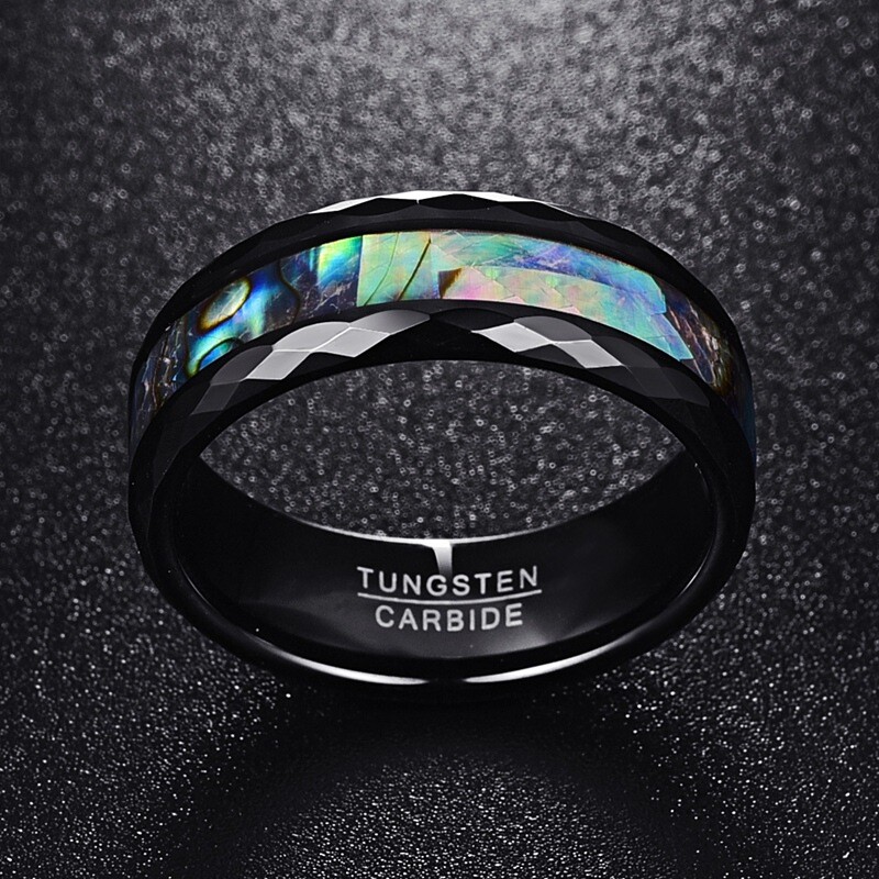 8mm Abalone Shell Men Ring Faceted Tungsten Carbide Wedding Band Comfort Fit