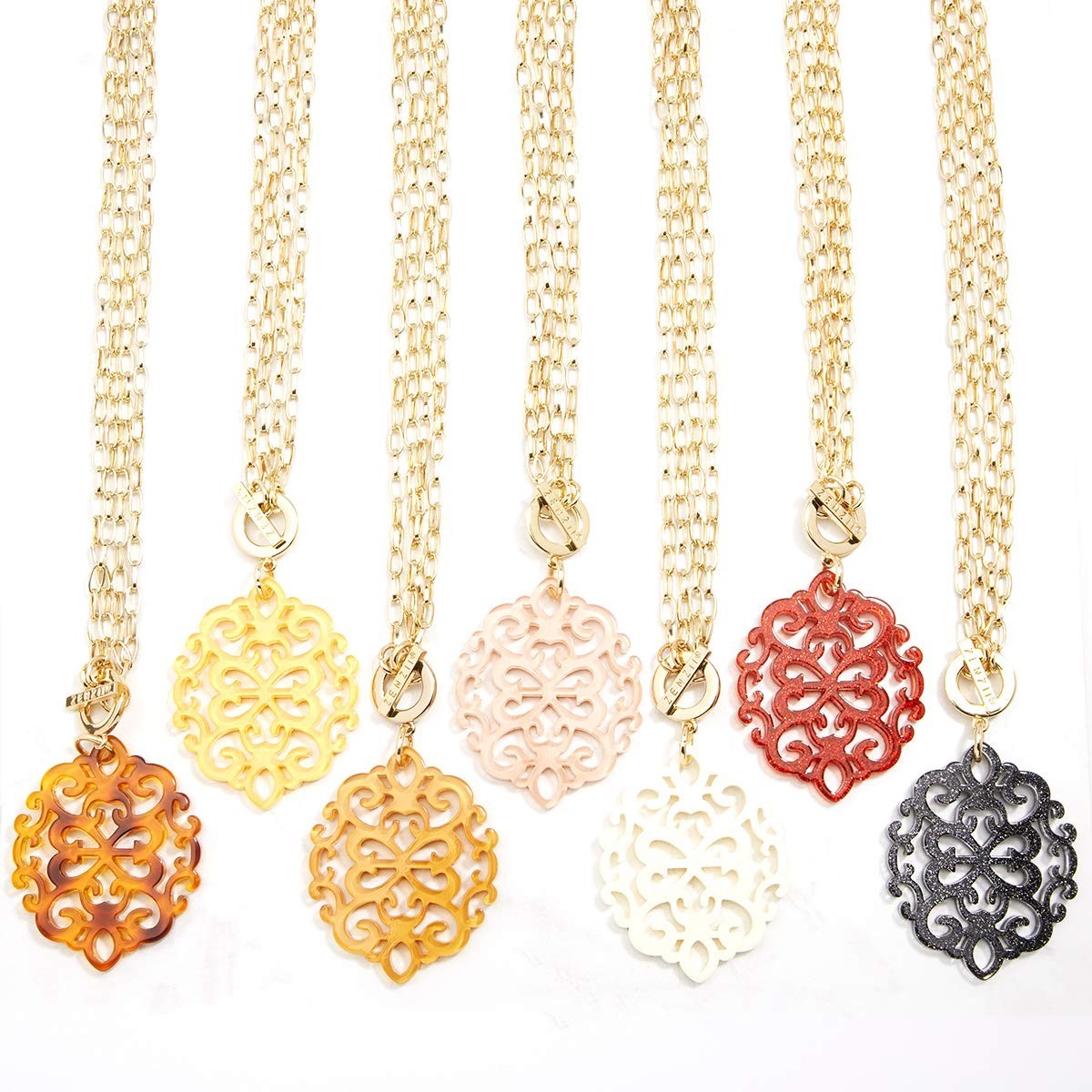 Modern Damask Acrylic Resin Pendant Necklace, Convertible Toggle Chain, Stylish