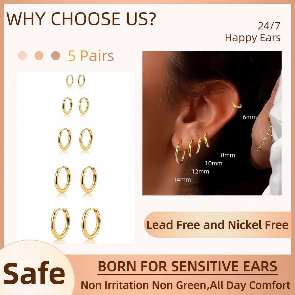 5 Pairs 14K Gold Plated Huggie Hoop Earrings for Women – Lightweight Minimalist
