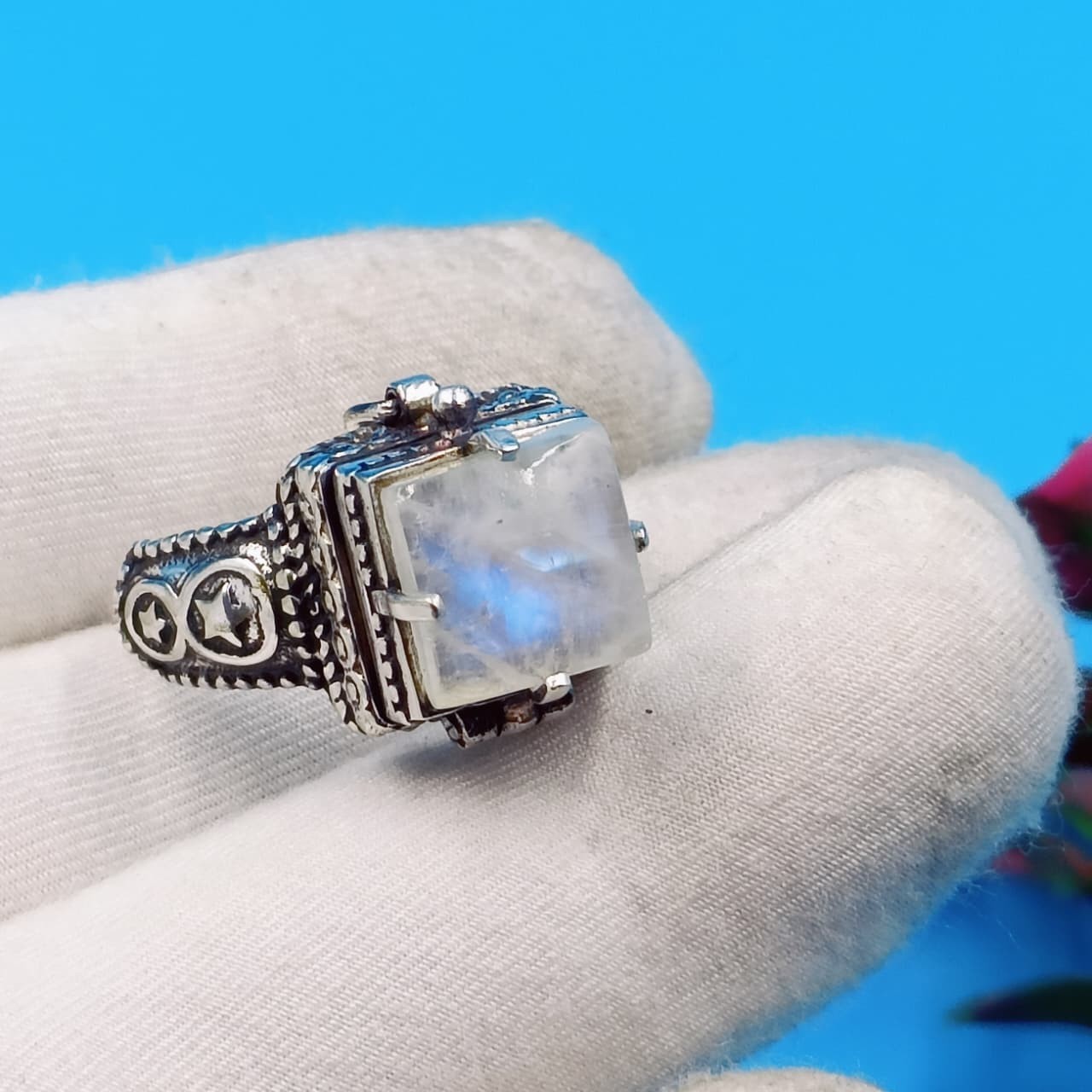 Natural Moonstone Poison Ring | Handmade 925 Sterling Silver Box Ring