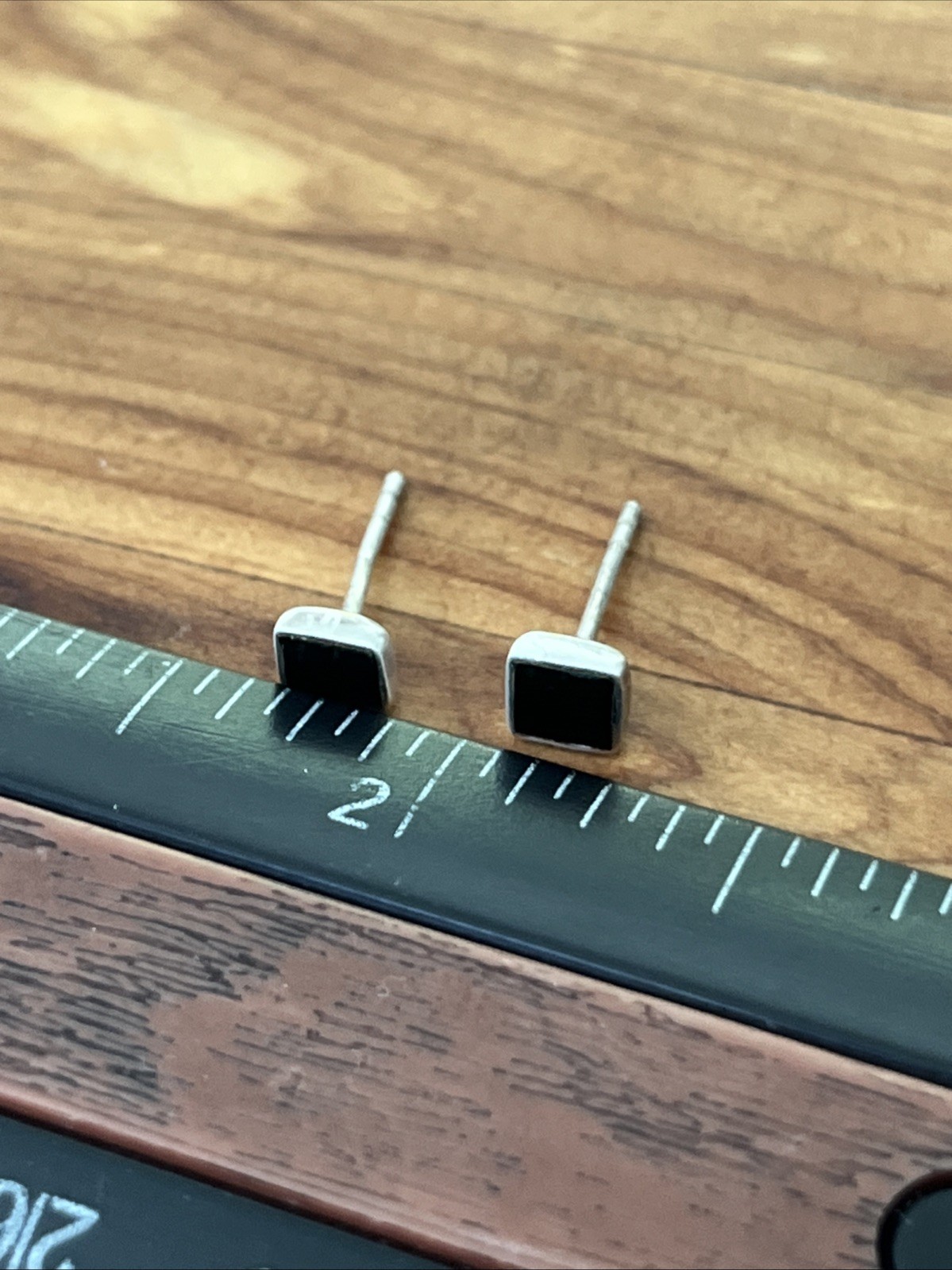 Vintage Modernist 925 Sterling Silver Onyx Stud Tiny Minimal Black Earrings