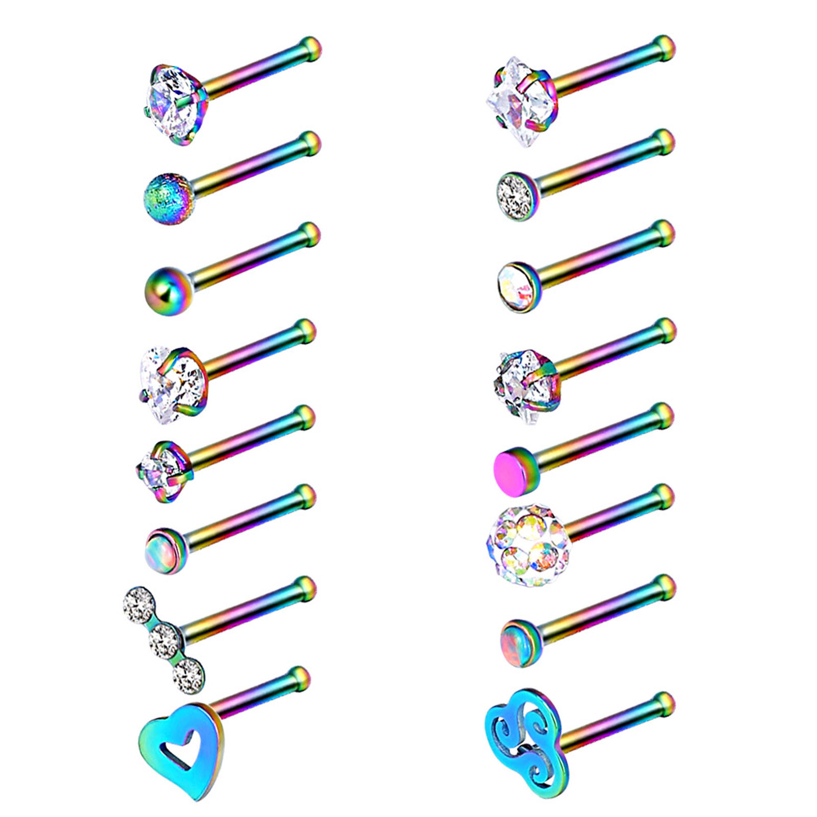 16PCS/LOT Bone Stud Nose Ring Mixed Color Stainless Steel Straight Nose Stud 20G