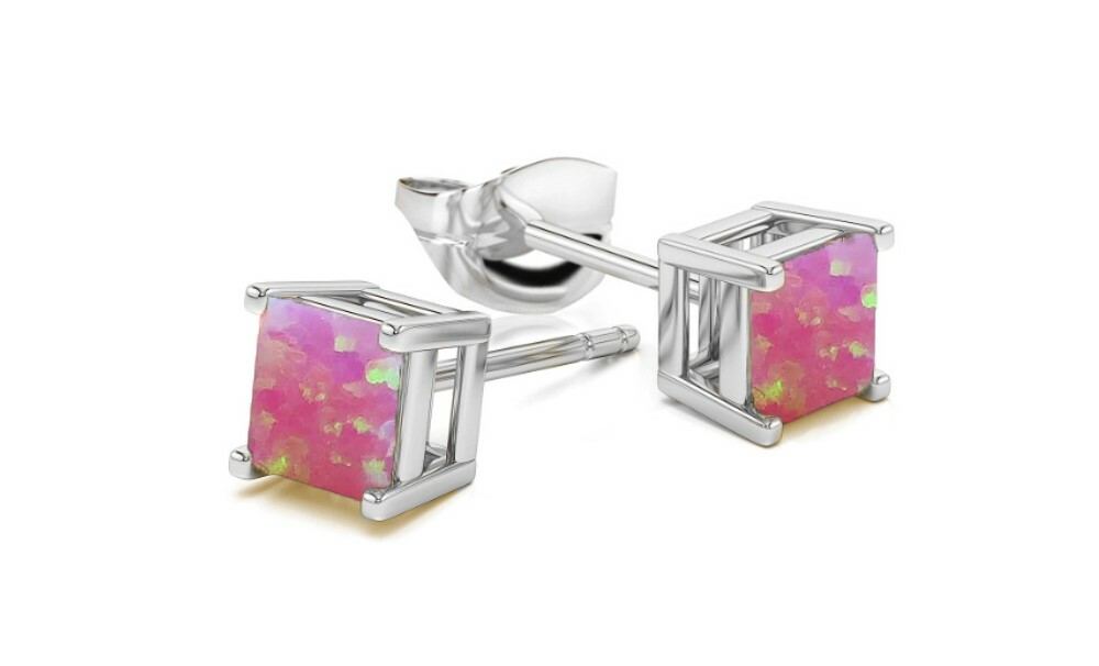 925 Sterling Silver 6mm Princess Cut Square Pink Opal Stud Earrings For Women