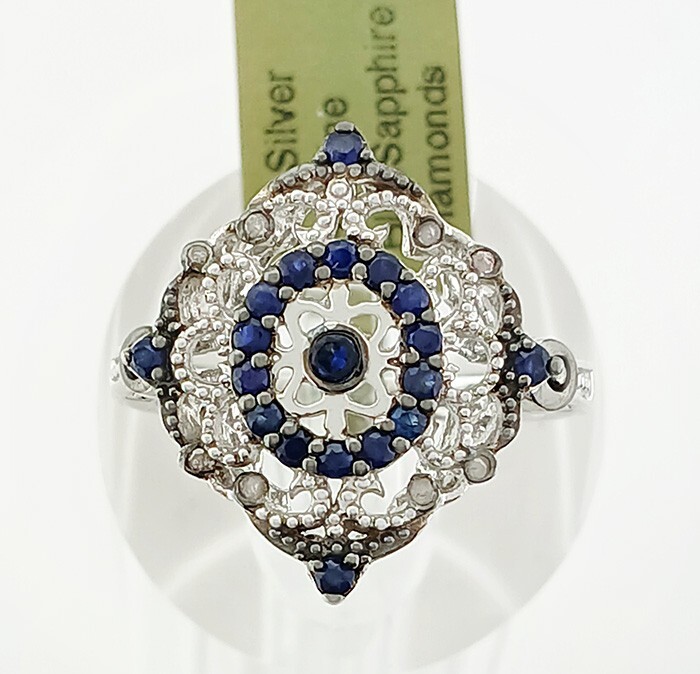 GENUINE 0.27 Cts BLUE SAPPHIRE & DIAMOND RING .925 Sterling Silver NWT SIZE 7.25