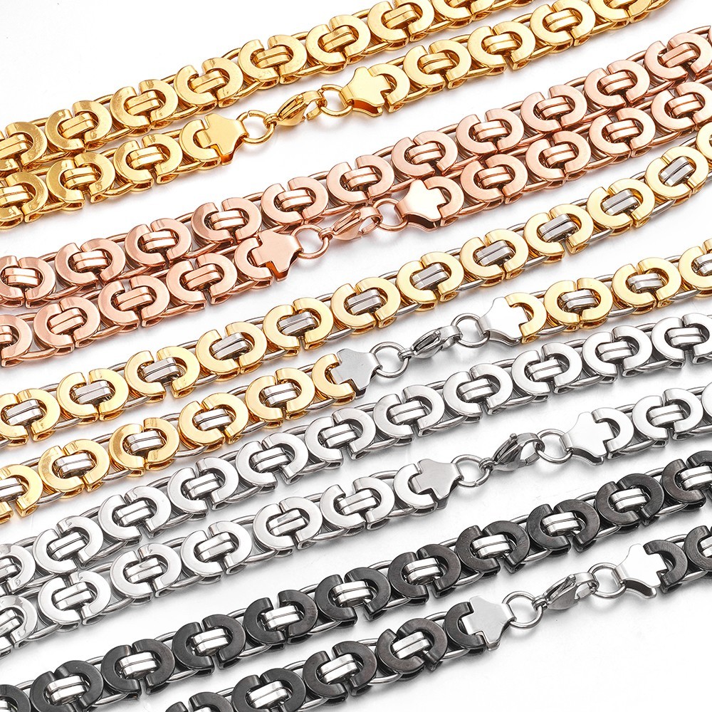 11mm Silver/Gold/Black Stainless Steel Flat Byzantine Box Chain Necklace 16″-40″