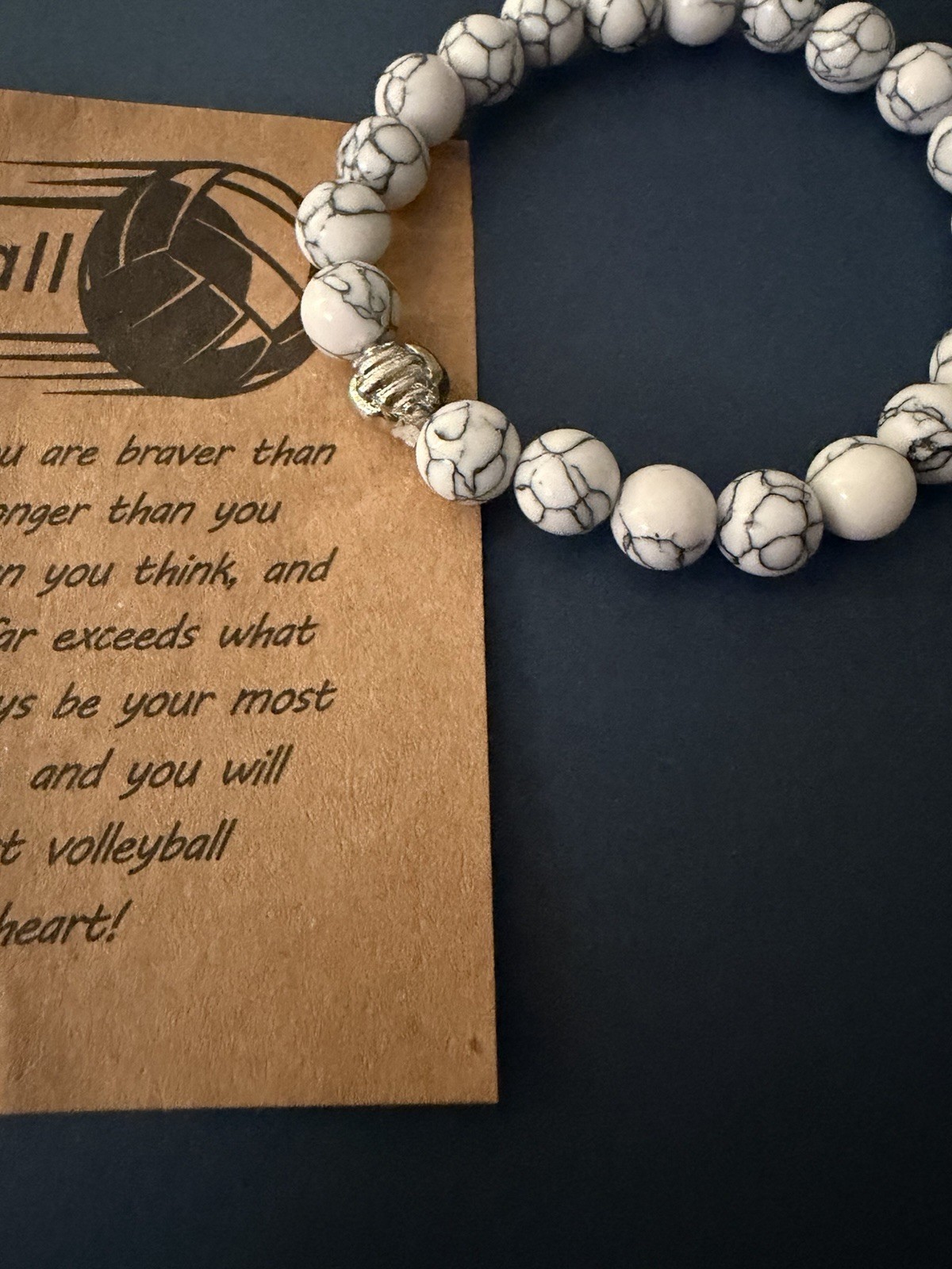 BULK set of 12 volleyball White & Black Stone Round Bead Slip-On Bracelets