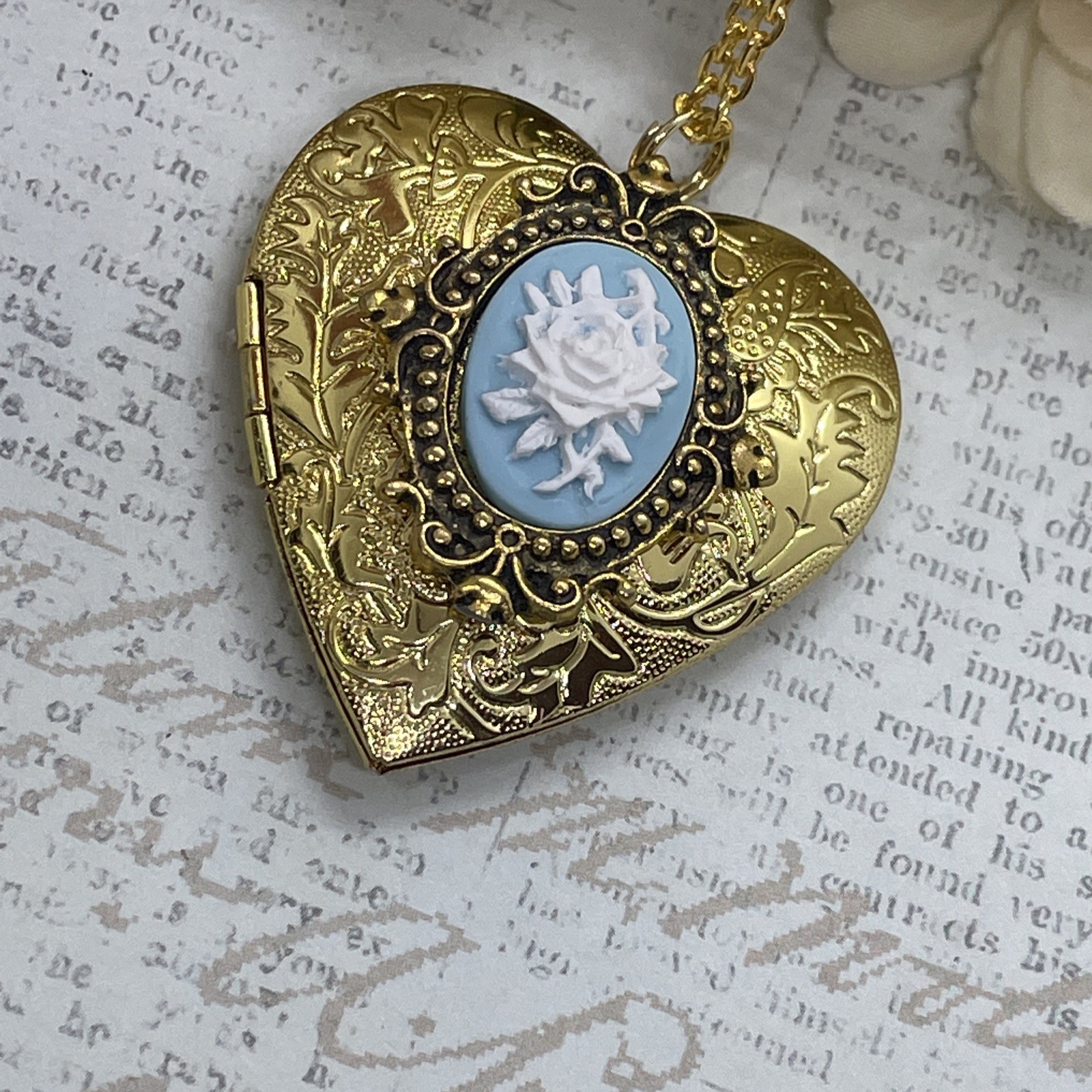 Gold Heart Locket Photo Birthday Anniversary Wedding Blue Rose Cameo Necklace