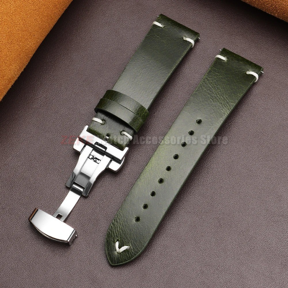 Genuine Leather Butterfly Buckle Watch Bands 18/20/22mm Waterproof Retro Oil Wax