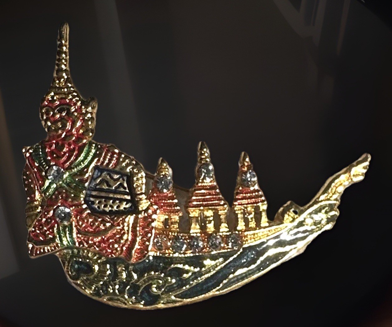 Brooch Pin Siam Gondola Thai Gold Rhinestones Enameled Vintage 2.5″