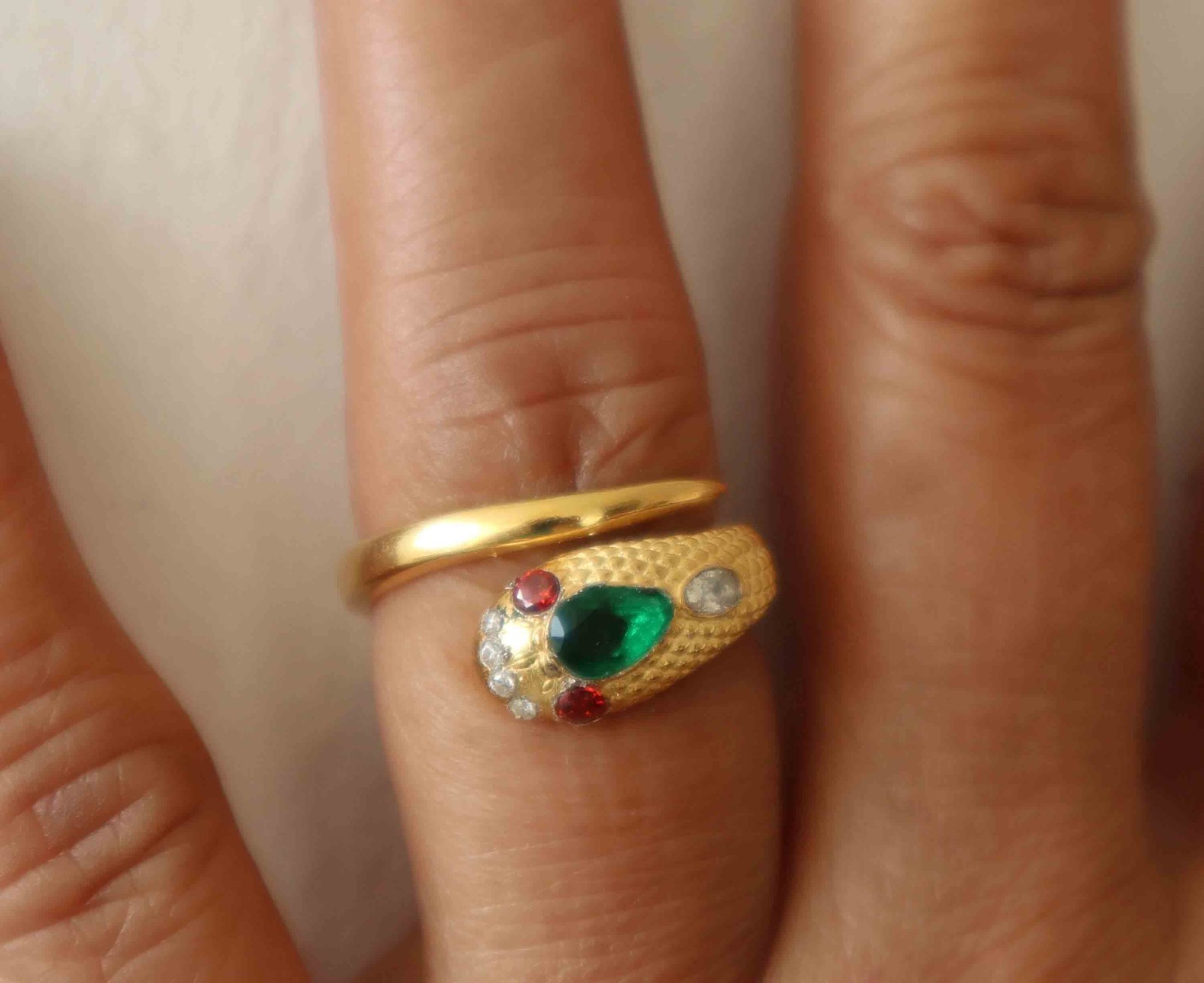 Queen Victoria Gold Vermeil Serpent Snake Ring with Lab Created Sapphire