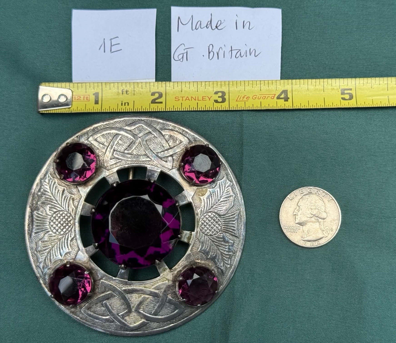 Vintage Signed Made In Great Britain Large Amethyst Purple Oversized Brooch Pin