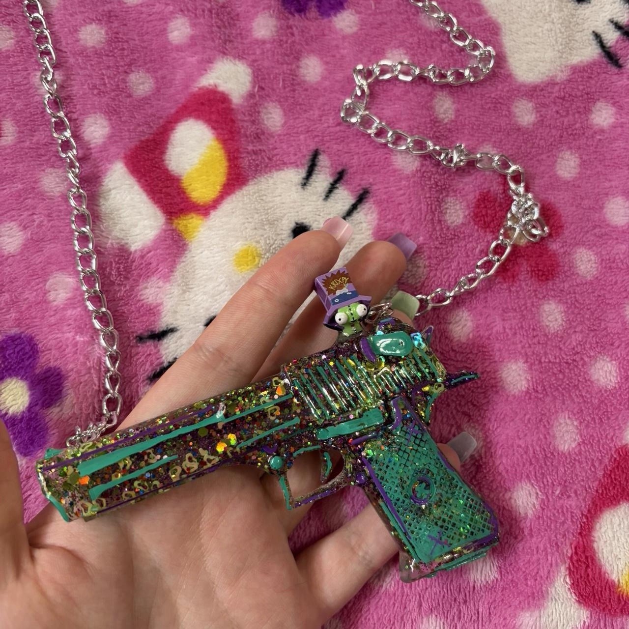 Handmade glitter gun charm pendant necklace green purple with little gir charm