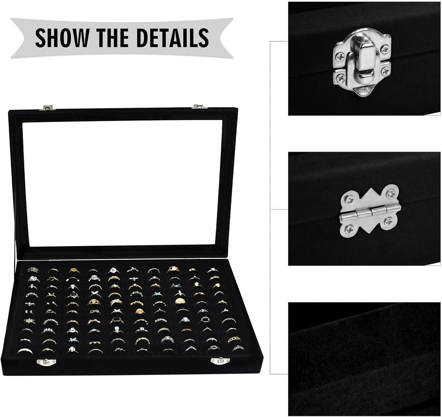 Velvet Ring Display Tray 100 Slot Jewelry Organizer Box Earring Holder Clear Lid