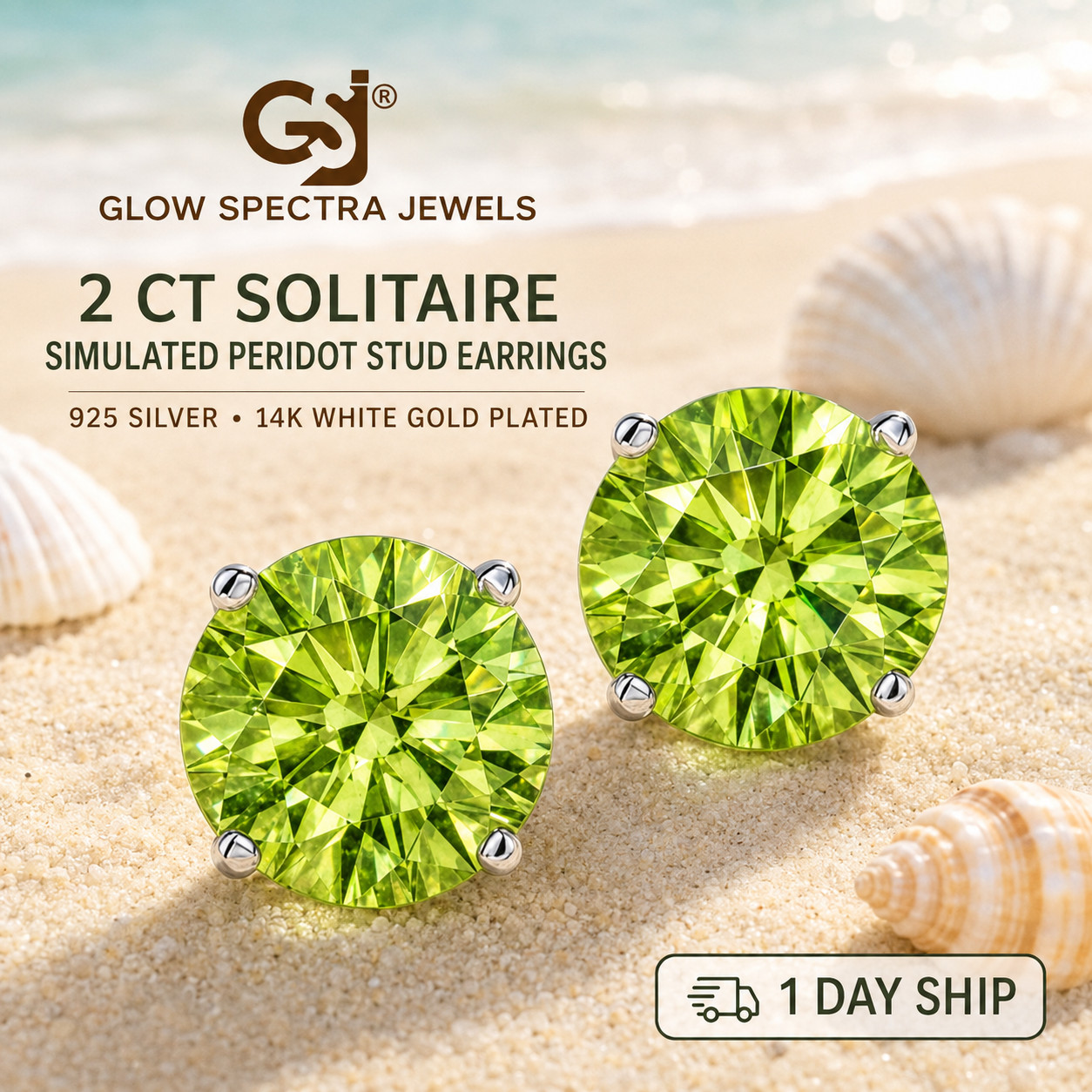 2.00CT Solitaire Green Peridot Stud Erring 925 Silver 14k White Gold Plated