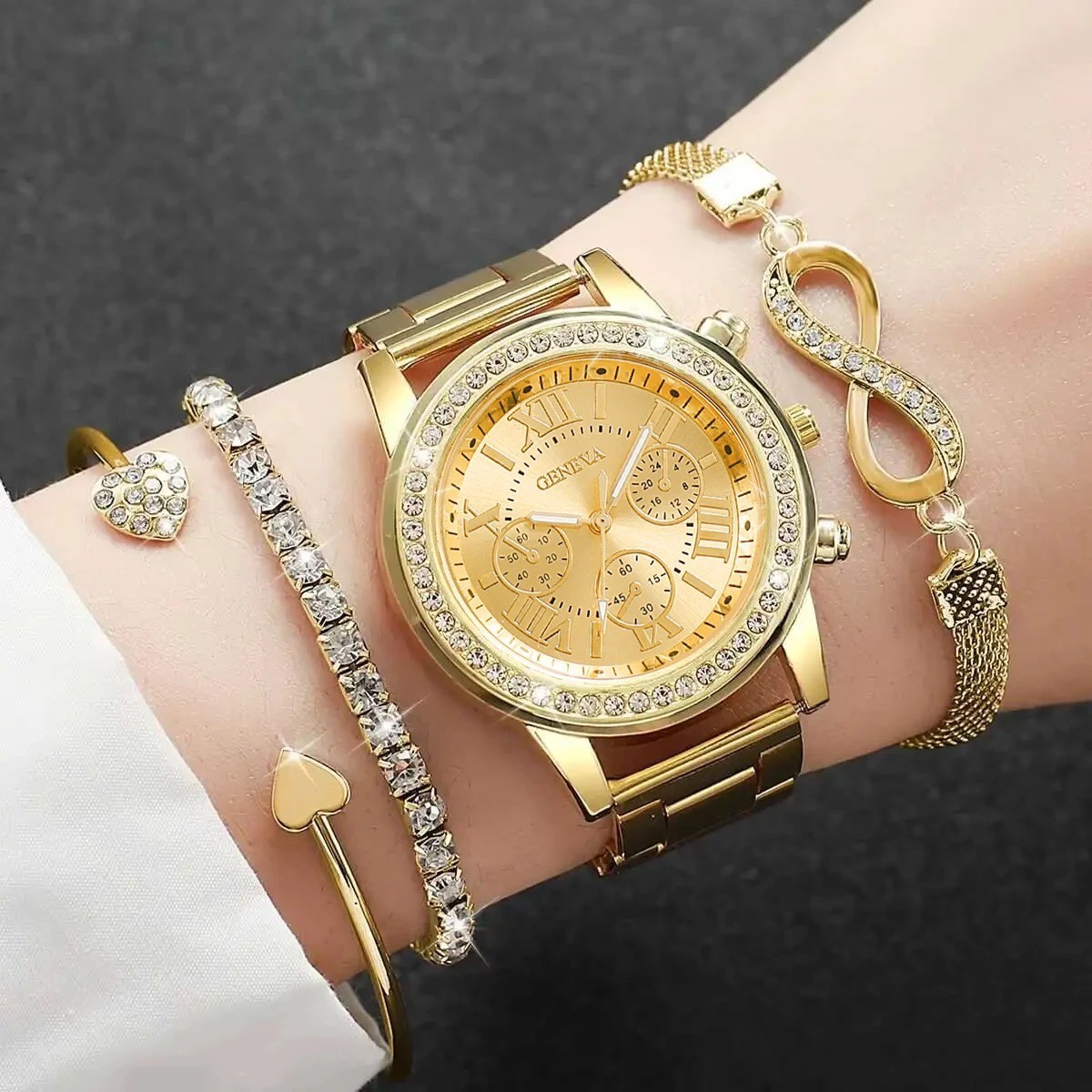 4PCS/Set Fashion Rhinestone Women Watches Luxury Steel Band Ladies Quartz Watch