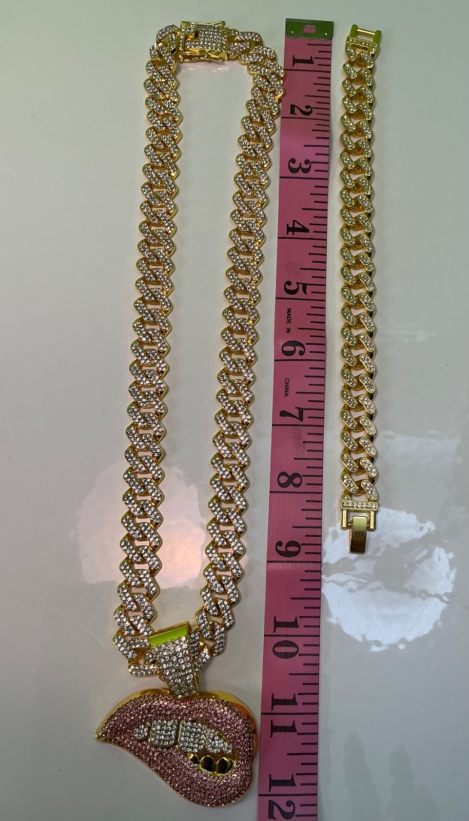 Biting Lip Pendant Necklace Bracelet Lot Hip Hop Iced 20” Inches CZ Chain Cuban