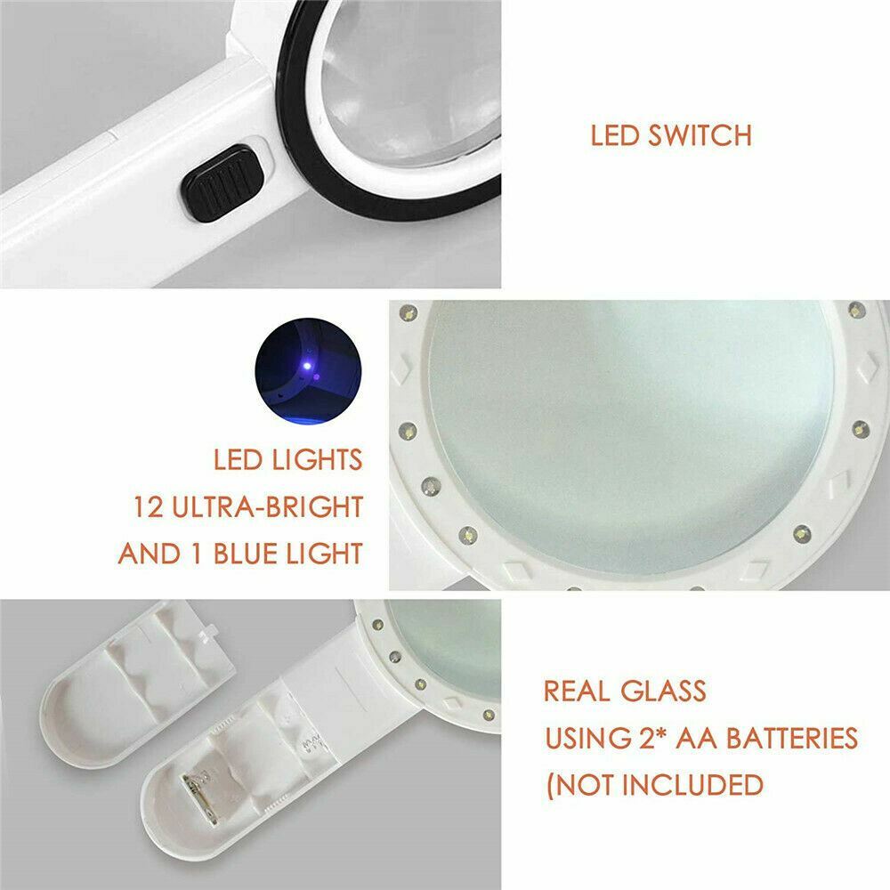 30X Jumbo Handheld Magnifying Glass w/ 13 Bright LED Light Illuminated Magnifier