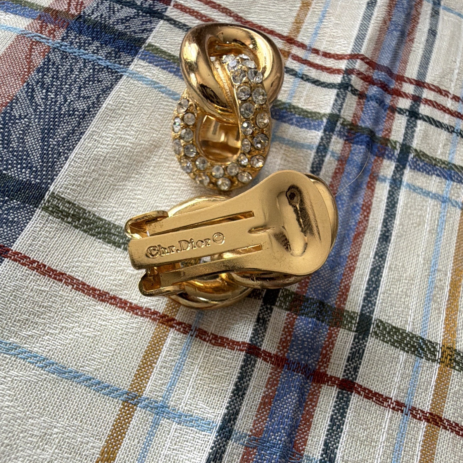 Vintage Christian Dior Interlocking Link Clip On Earrings Rhinestone Signed Gold