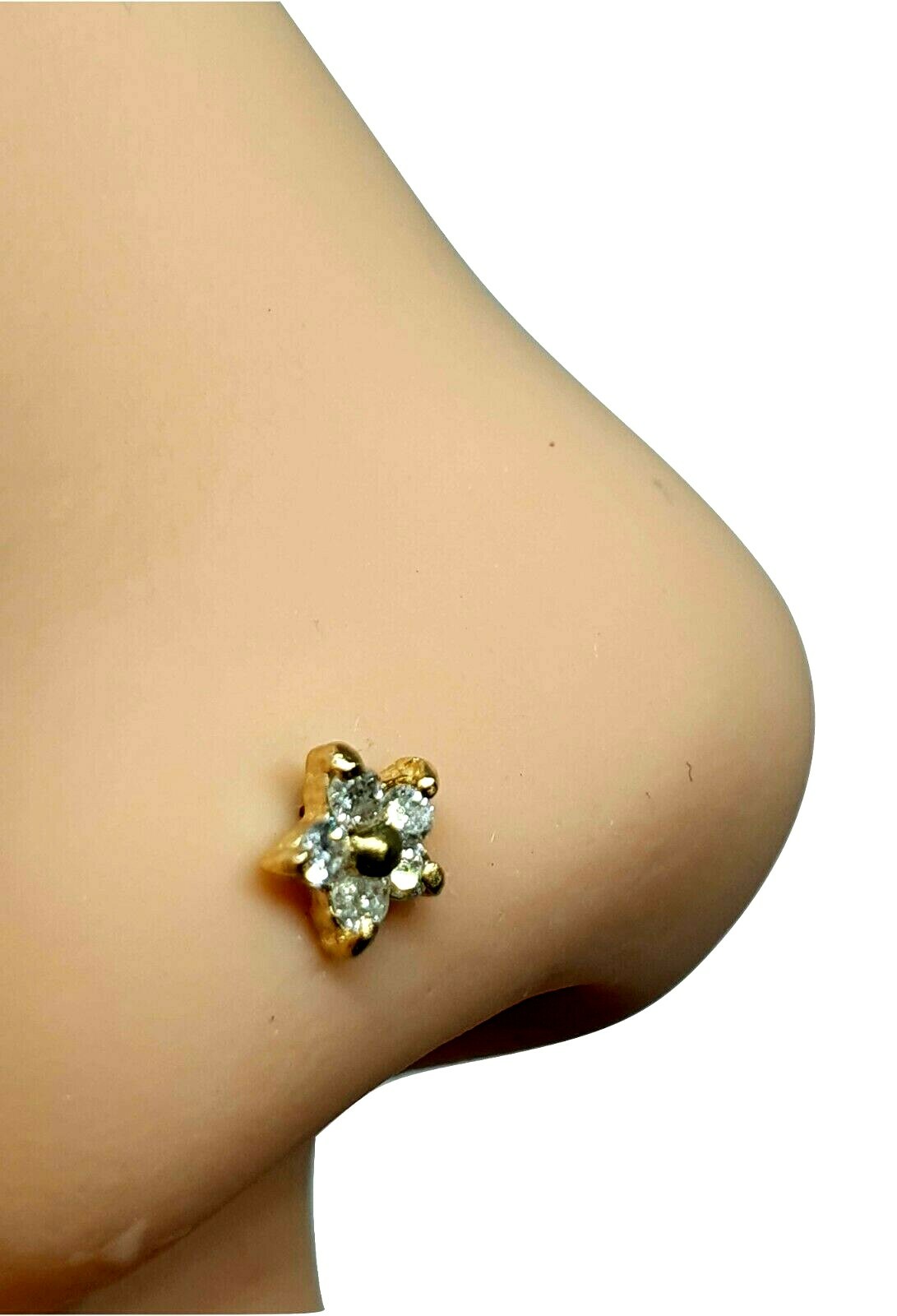 Gold Nose Stud Diamond Cluster Flower 14k Gold Genuine 20g (0.8mm) Curl Screw