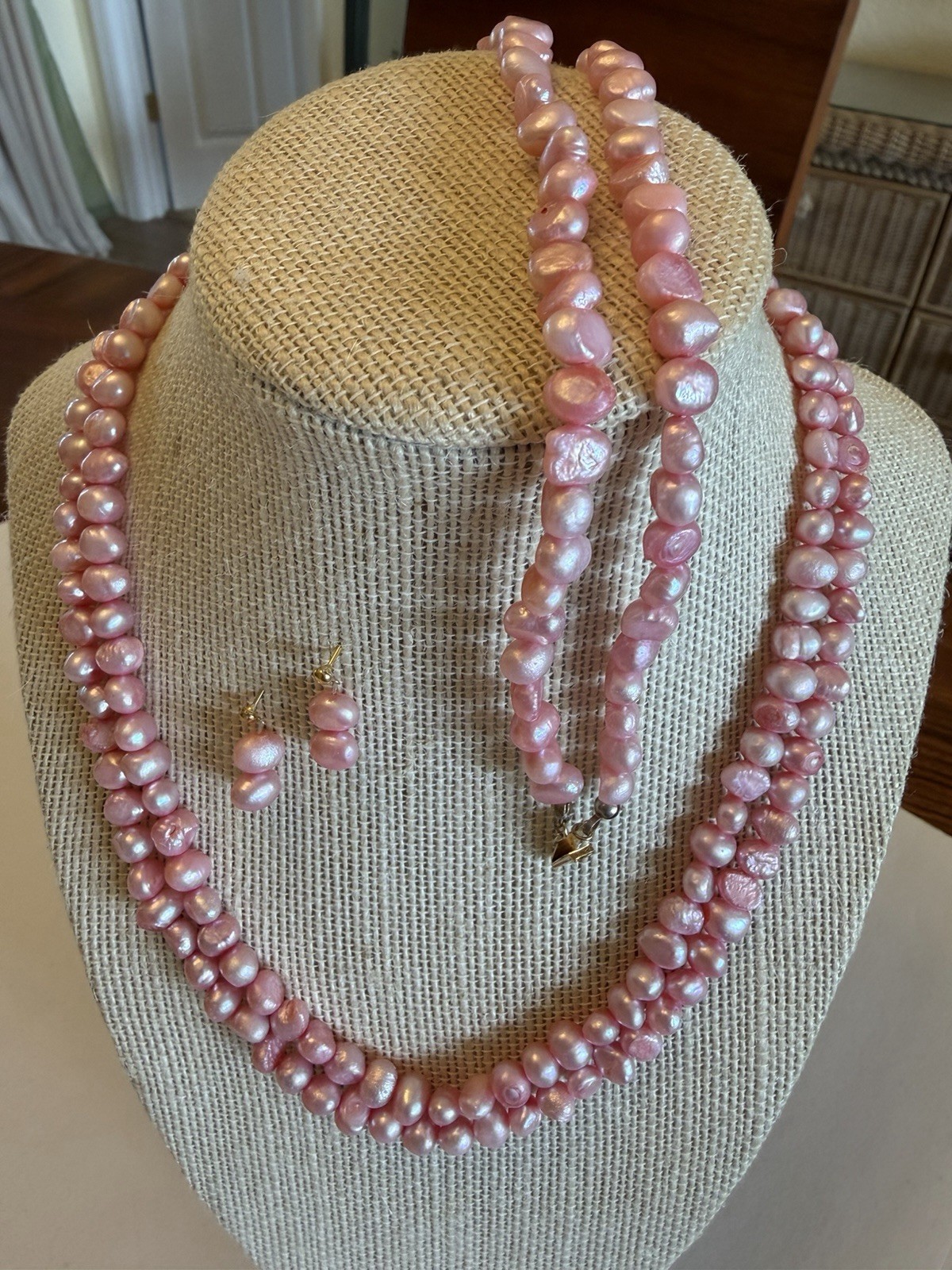 Bright Pink Freshwater Pearl Set- 18” Dbl Strand Neck, 7.5” Dbl Strand Brace, ER