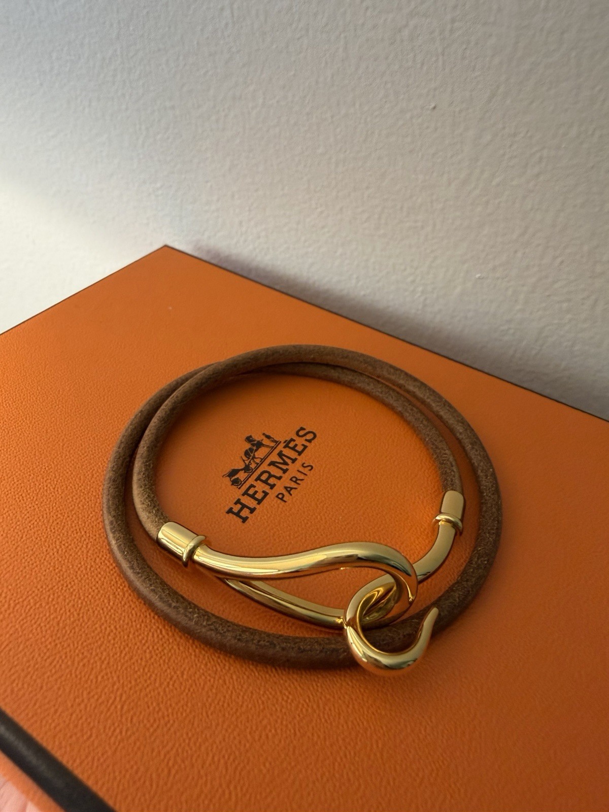 HERMÈS Leather Jumbo Hook Double Wrap Bracelet, Authentic Guaranteed