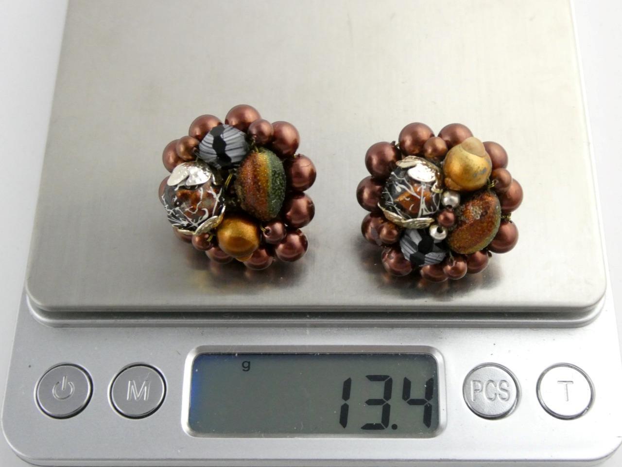 Vintage Rhinestone Clip on Earrings Burgundy Iridescent Lava Rock Gems Unsigned