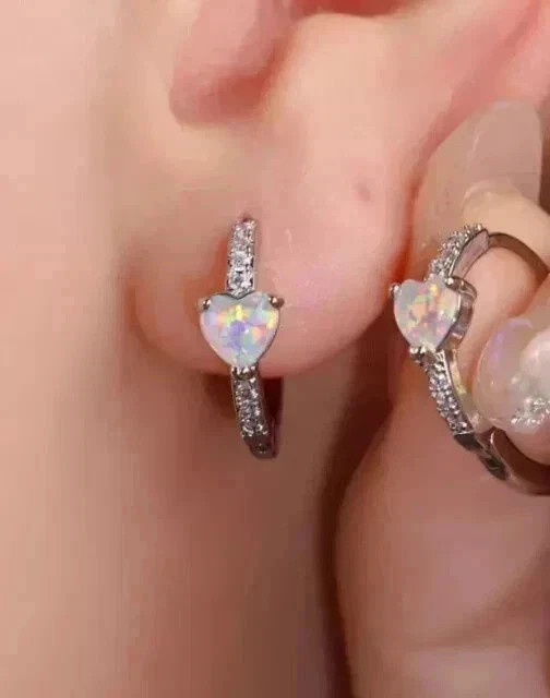 2Ct Heart Cut Natural Fire Opal Moissanite Hoop Earrings 14K White Gold Plated