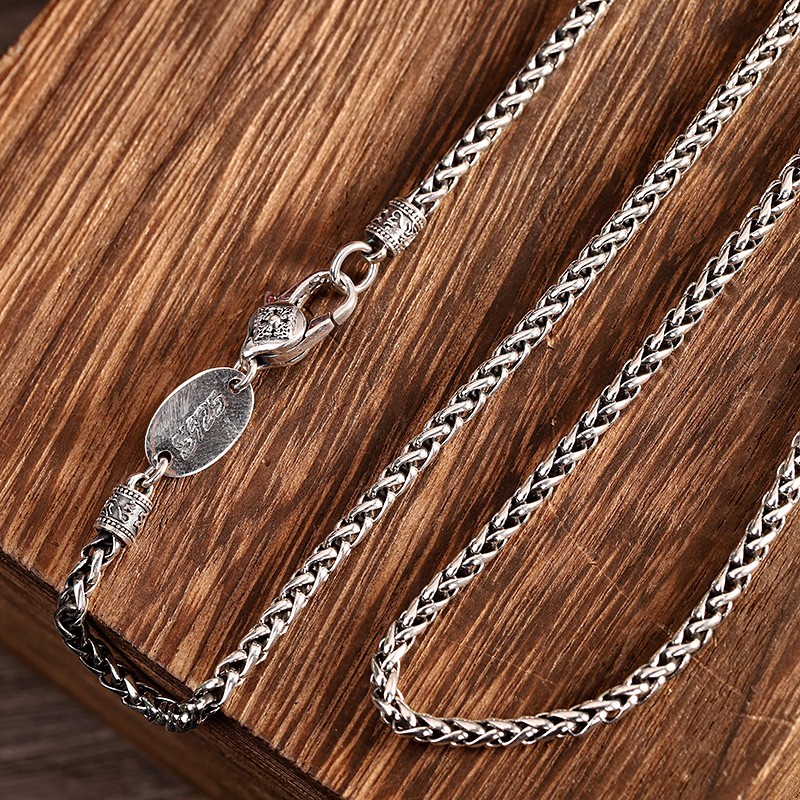 Men’s Thai Sterling Silver Spiga/Wheat Chain, 925, Reversible Lotus Tag Necklace
