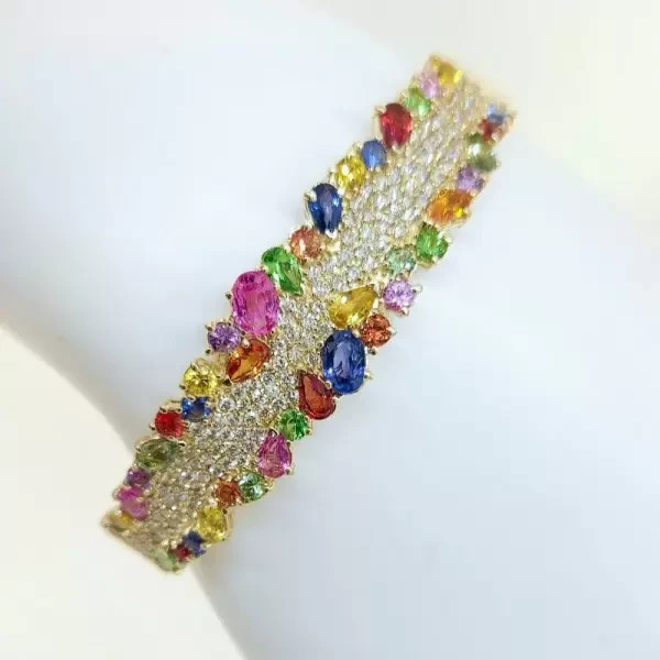 10 Ctw Created Multicolor Sapphire Cluster Rainbow Bangle 14k Yellow Gold Plated