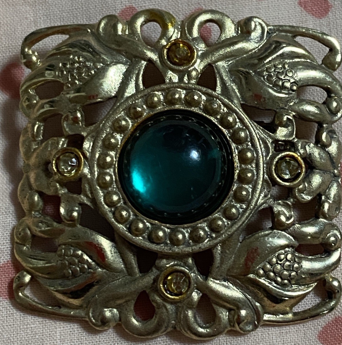 Vintage Art Deco Era Brooch Teal Foil Backed Glass Cabochon Champagne Tone