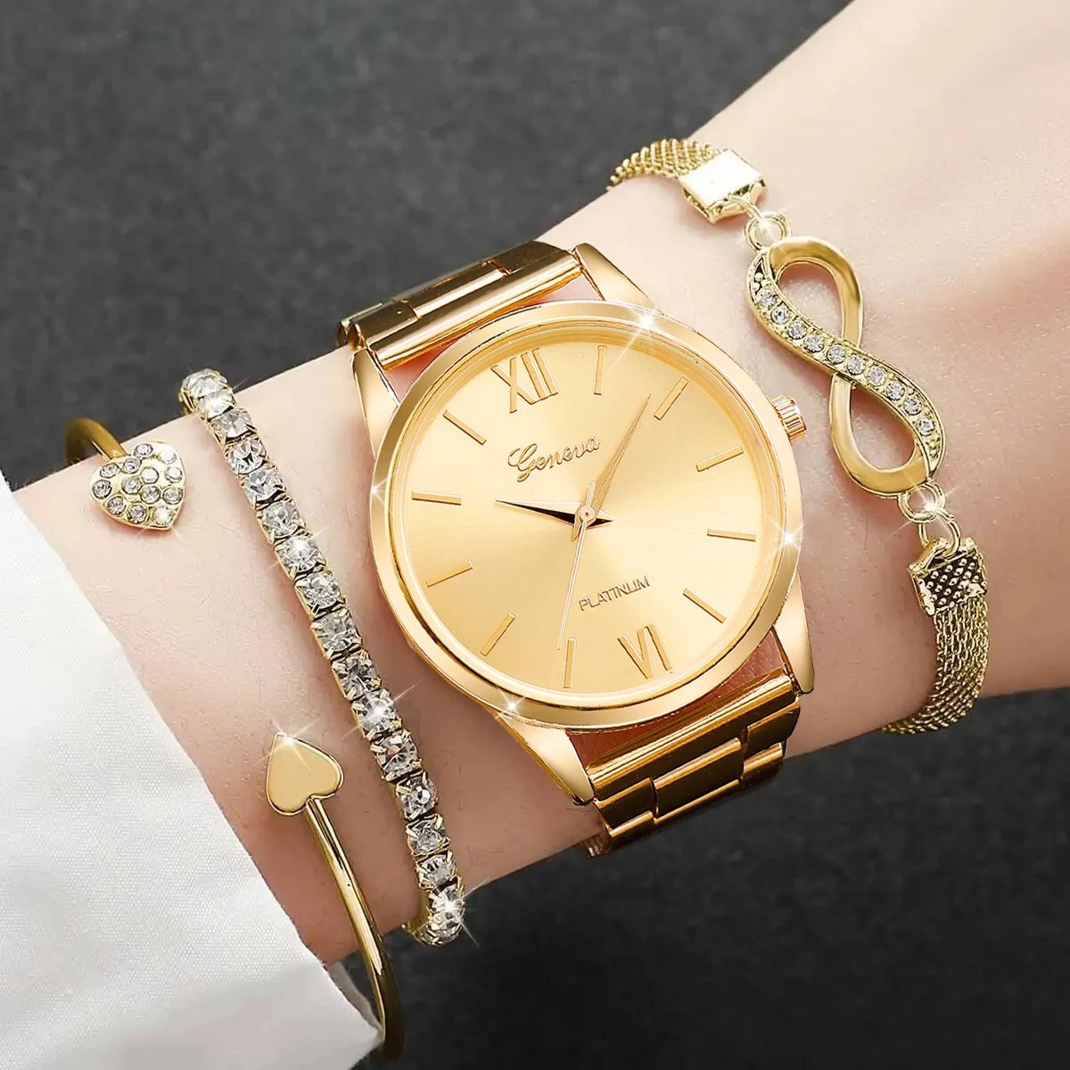 4PCS/Set Fashion Rhinestone Women Watches Luxury Steel Band Ladies Quartz Watch