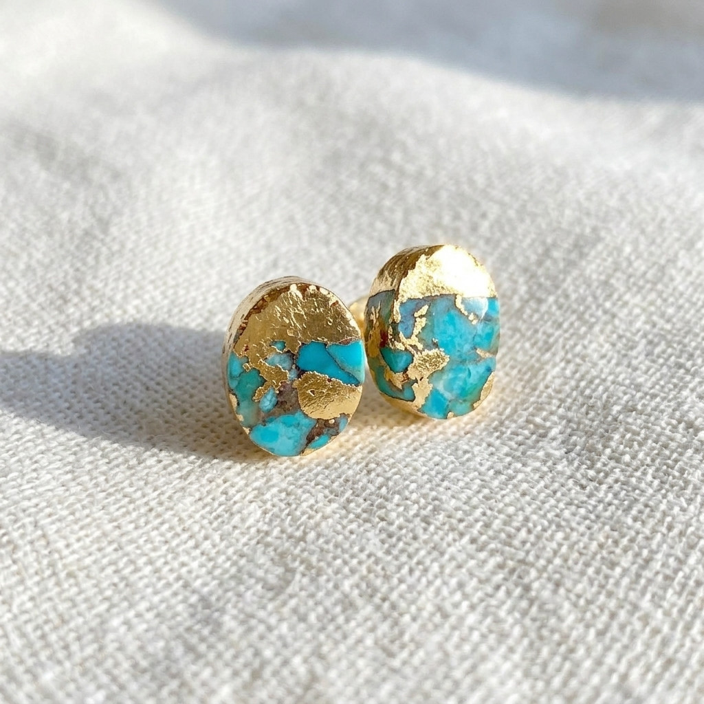 Tiny Blue Turquoise Earrings Gold Plated Dainty Minimalist Studs Small Gemstone