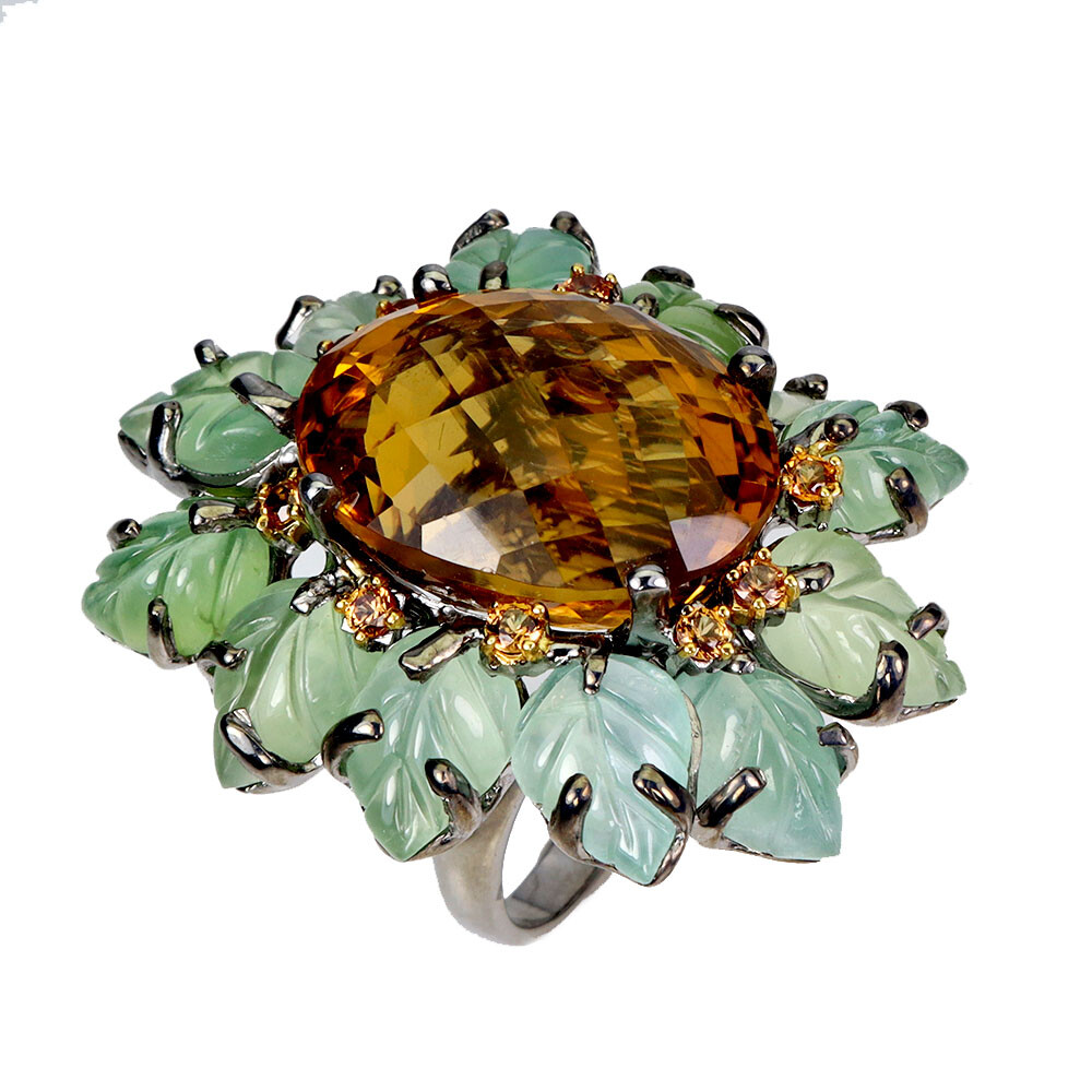 925 Sterling Silver Ring Oval Citrine 26ct Aventurine Handmade Gemstone Jewelry