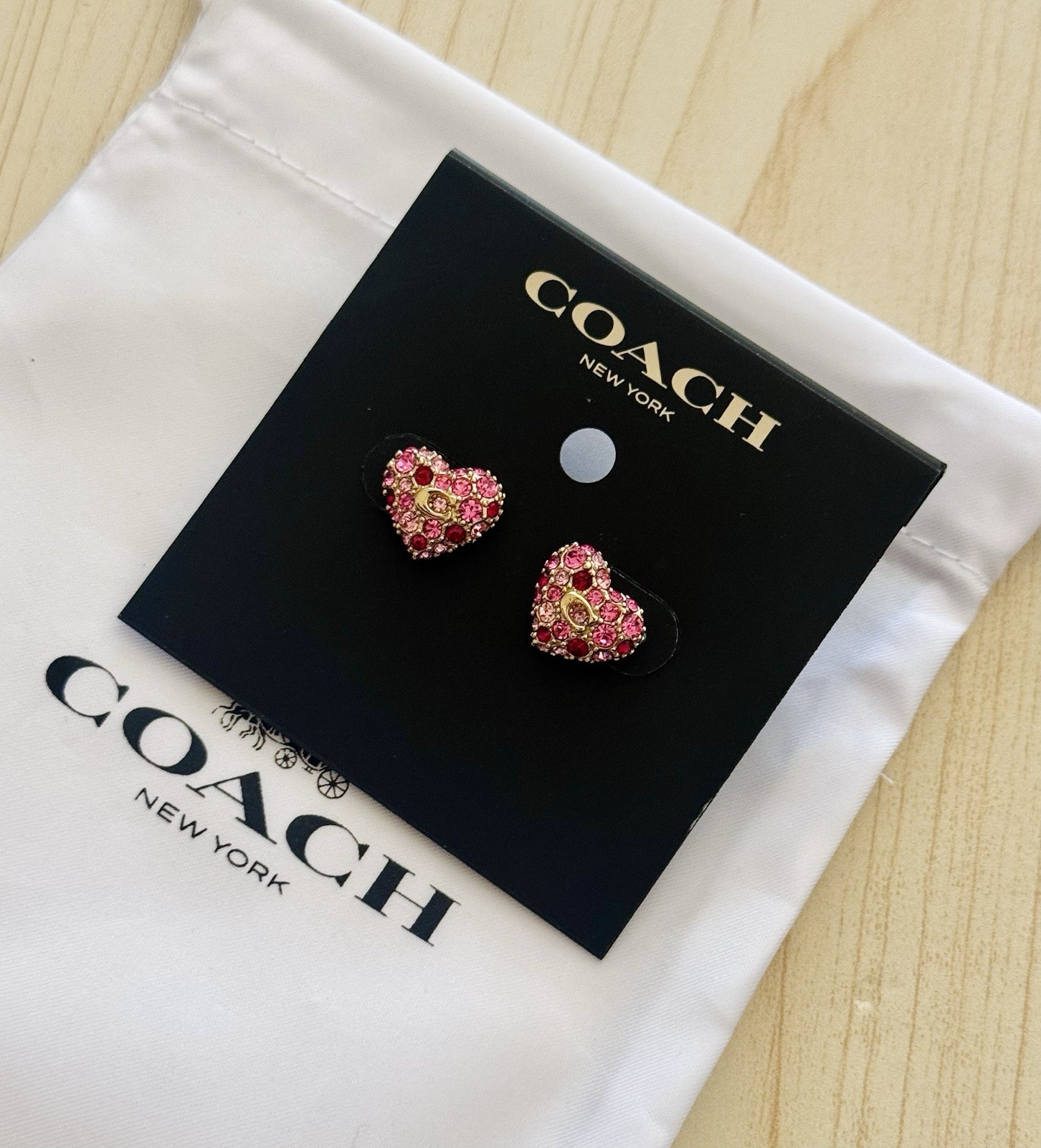 NWT Coach Pavé Heart Stud Earrings with dust bag Gold/Pink Limited Edition