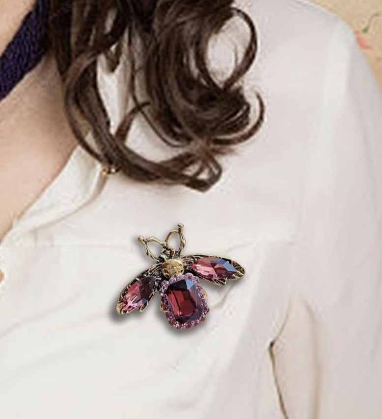 VTG DARK ROYAL PURPLE BEE INSECT BUG BROOCH PIN~RHINESTONE CRYSTAL~GARDENER GIFT